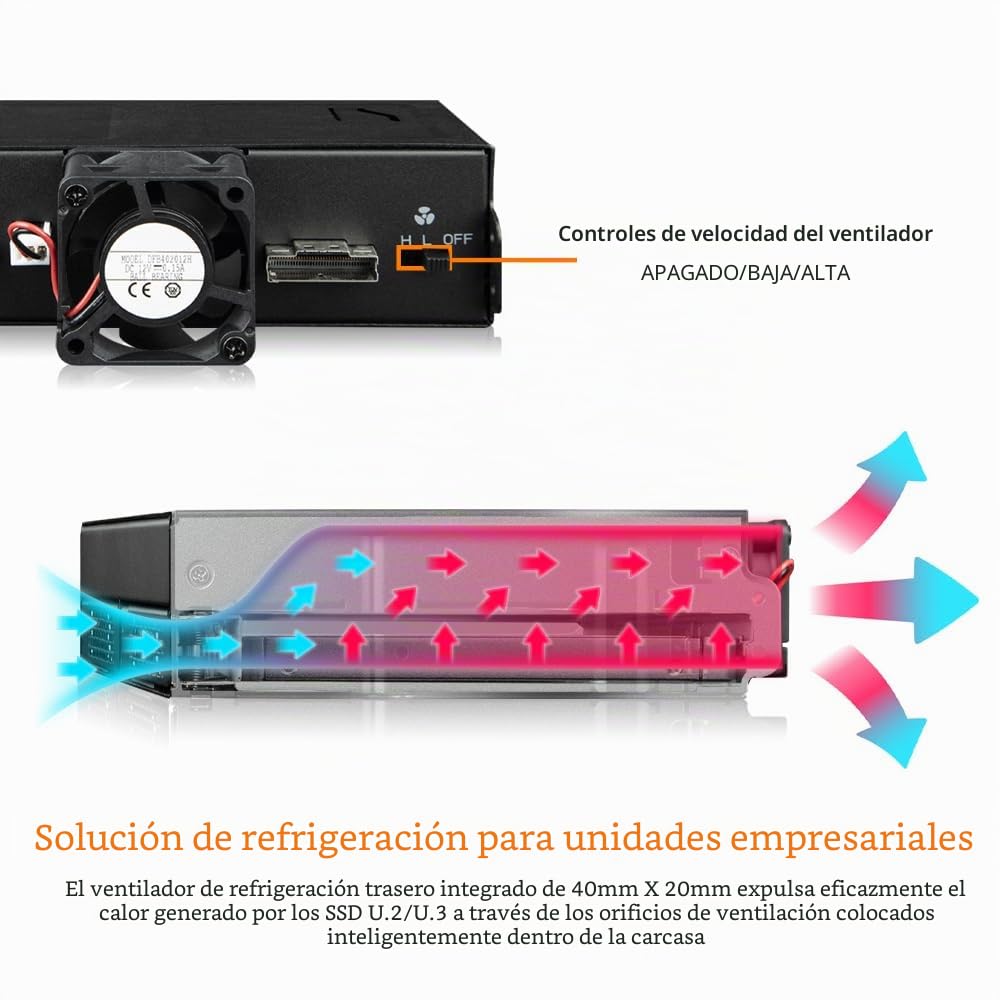 ICY DOCK ToughArmor MB105VP-B, Estante removible metálico 2 x 2,5" SSD NVMe U.2/U.3 SlimSAS (SFF-8654 8i) pinout definido por SFF - 9402 Rev 1.1, PCIe 4.0, para bahía de Unidad de 5,25"