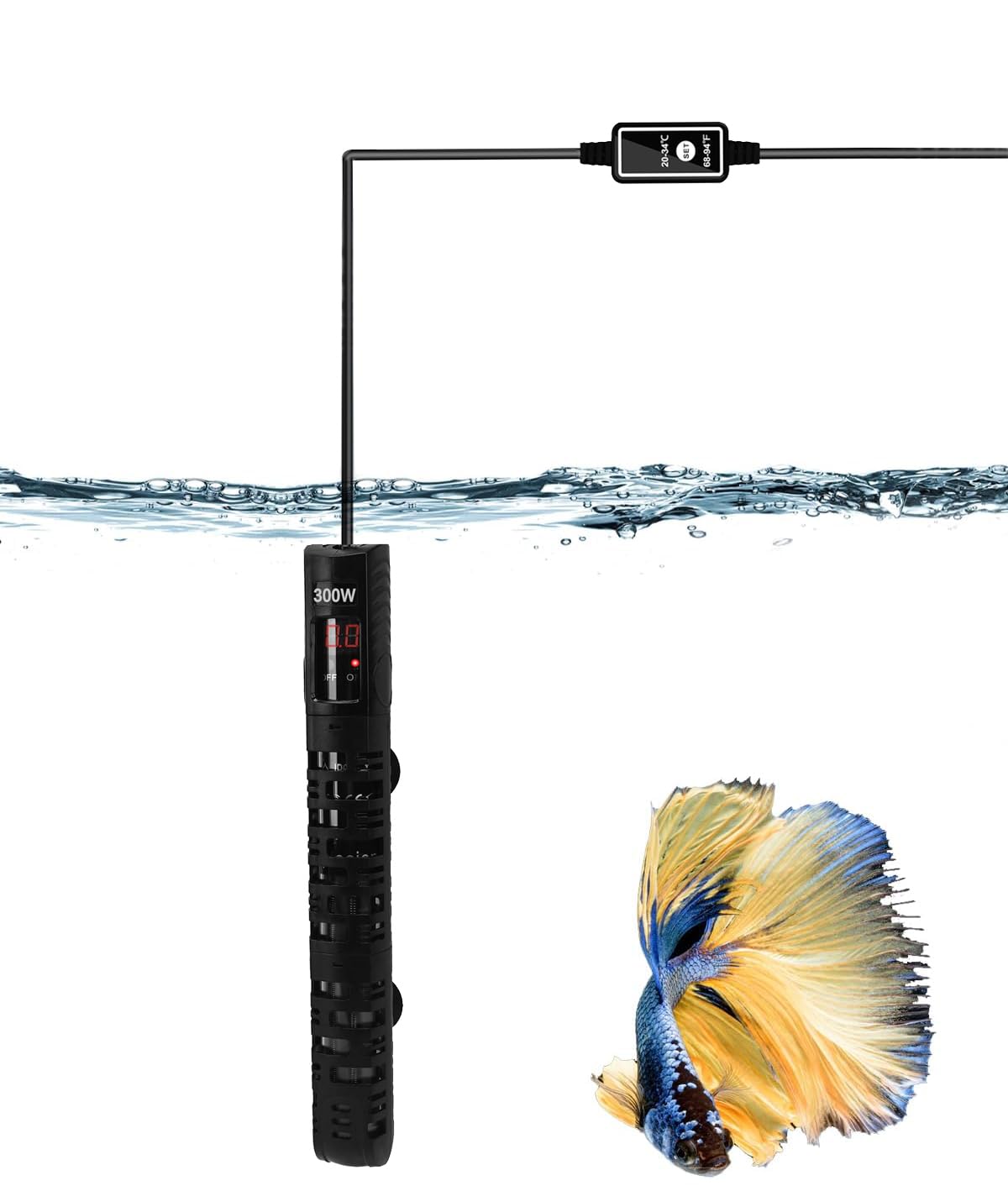 Podazz Calentador de Acuario, 50W, 100W, 300W, con Cubierta Protectora y Controlador de Temperatura Externo, Calentador de Vidrio de Cuarzo a Prueba de explosiones para Peces y Tortugas (100W, 32cm)