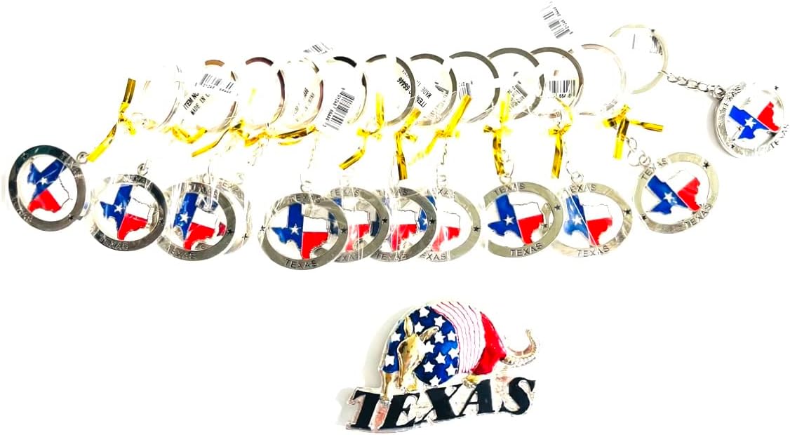 TEXAS Souvenir Bundle Gift Keychain 12 Pack with 1 Free Texas Armadillo Magnet (Texas flag bottle opener keychain)
