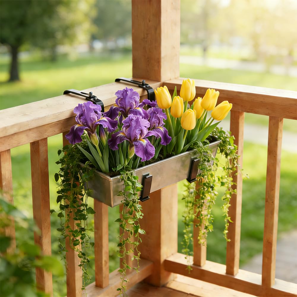Soporte de Maceteros para Parapetos y Barandas de Balcón, Soporte de Jardineras Adecuado y Ajustable, Soporte Macetas Exterior, Fijación metálica Flexible para jardineras