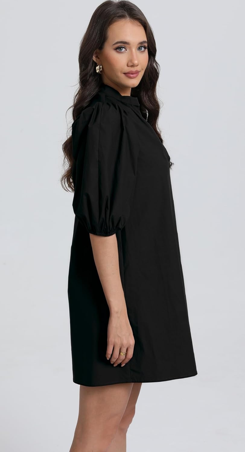 Women Babydoll Mini Dress Summer Casual Cotton V Neck Puff Lantern Sleeve Loose A Line Cute Dress - Image 4