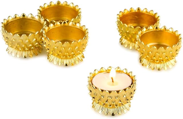 Sziqiqi 6 Pcs Ghee Lamp Holder, Lotus Design Oil Lamp, Buddhism Craft Ornaments, Votive Candle Holders, Butterlamp Tea Light Holder Tibetan Brass Oil Lamp Altar Supplies, Gold