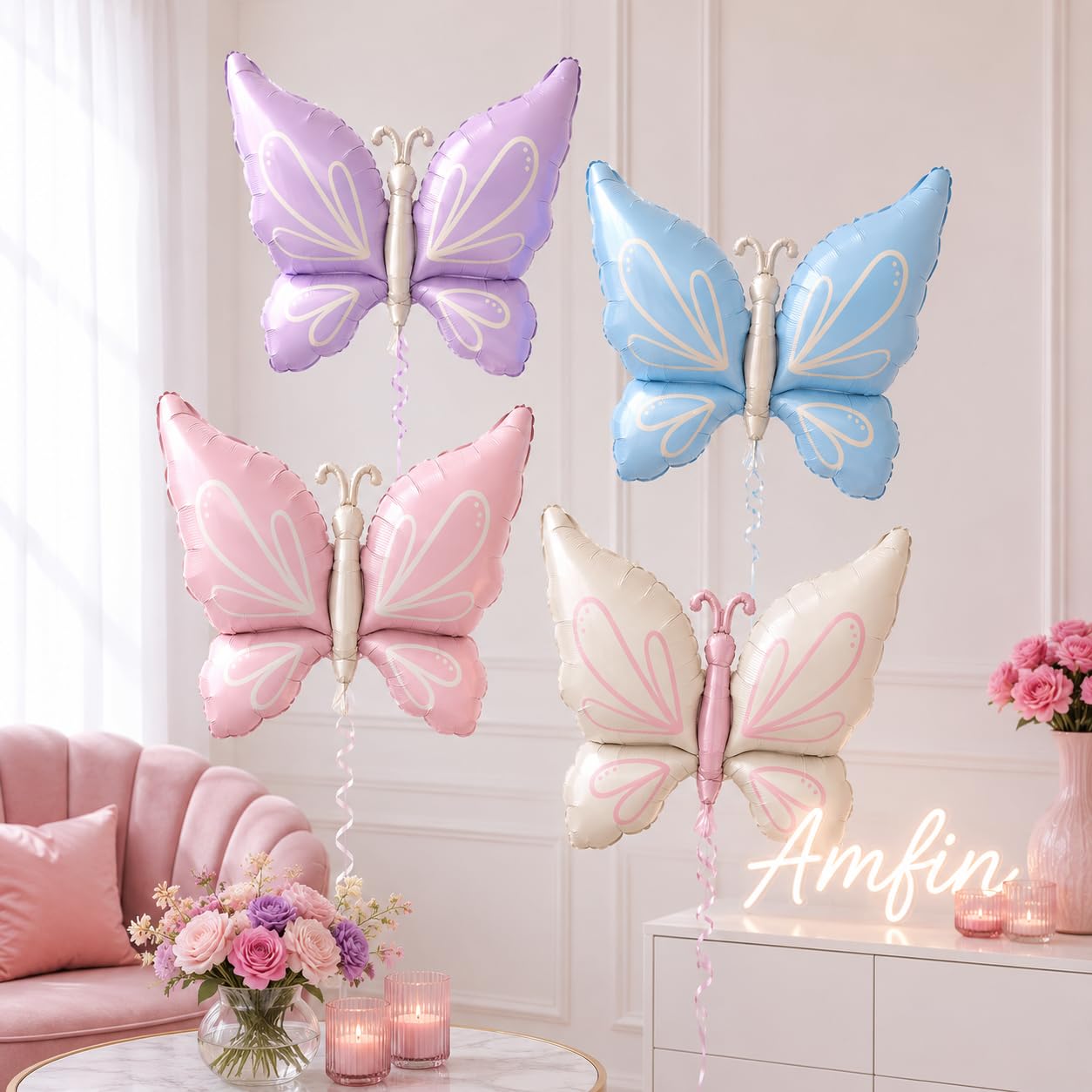AMFIN (Pack of 4) 30 inch Pastel Butterfly Shape Foil Balloon Helium/Air Compatable Princess Unicorn & Party Decorations Kit- (Pink, Blue, Purple & Ivory)-image-46