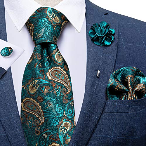 Image of DiBanGu Silk Ties for Men Necktie and Lapel Pin Brooch Set Formal Woven Paisley Plaid Striped Solid Tie Wedding Party