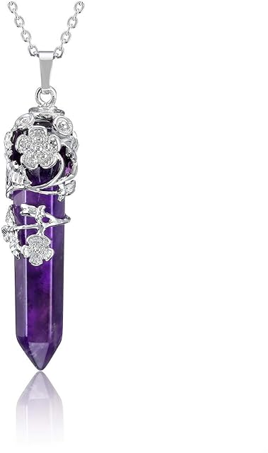 JSDDE Natural Crystal Gemstone Point Necklace Silver Flower Wrapped Healing Stone Necklace for Women