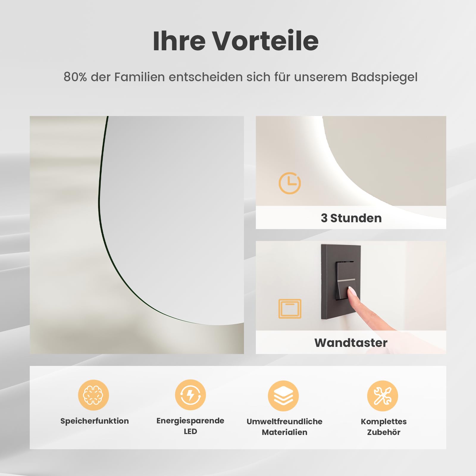 EMKE Specchio da bagno con illuminazione, 75 x 55 cm, specchio asimmetrico con touch, 3 colori di luce, dimmerabile, senza appannamento, specchio da bagno con illuminazione IP44, risparmio energetico