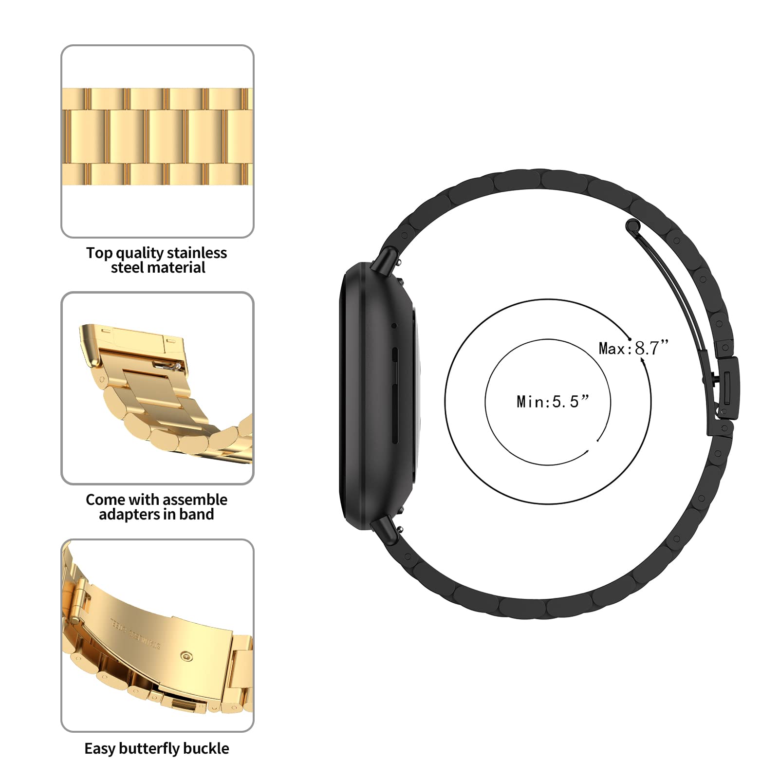 Bracelet Métal Pour Fitbit Versa 4/3, Sense 2/1 - Bracelet Acier Maille Réglable à Libération Rapide - Rose, Homme/Femme