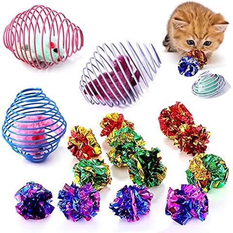 pawstrip Cat Spring Balls Colorful Mylar Crinkle Balls Cat Toys Interactive Spiral Kitten Mouse Toy with Caged Rolling Metal Coil Cat Ball Toy Stretchable Bouncing Kitty Toys for Indoor Cats, 15 Pcs Cover