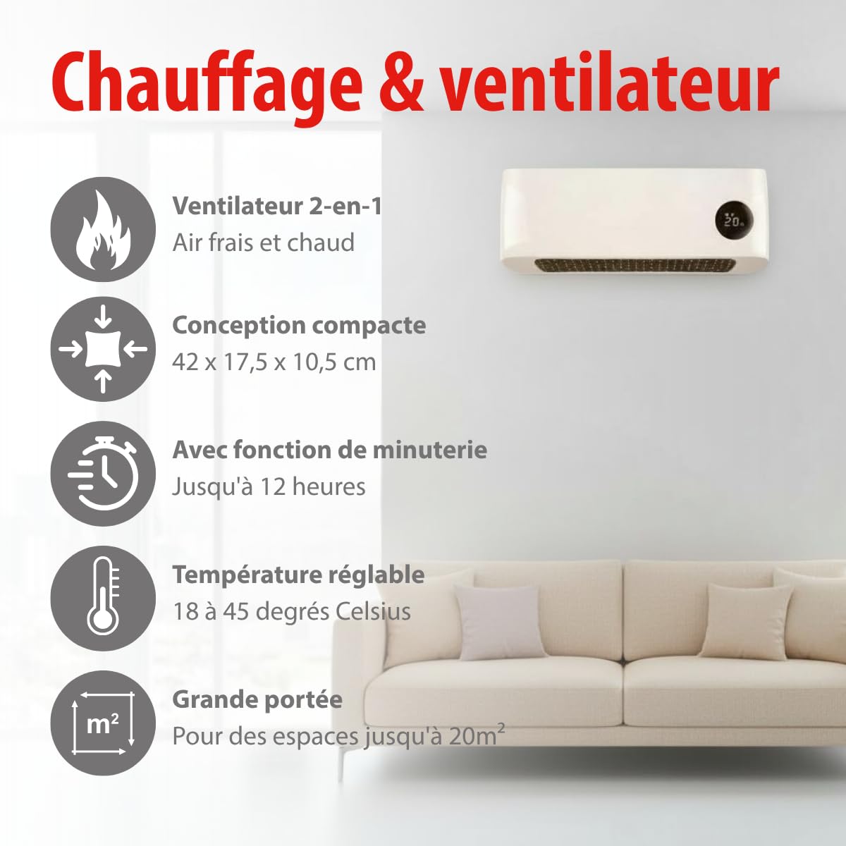 alpina Chauffage Mural 1000-2000W - Chauffage Céramique PTC avec Télécommande - Réglable en Température et Minuterie - Radiateur Mural pour Intérieur, Blanc