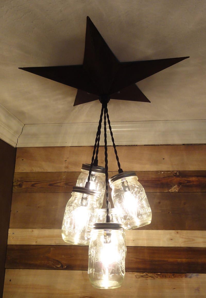 Mason Jar Chandelier Barn Star - Country Rustic Primitive Pendant Light - 5 Jars (Black)