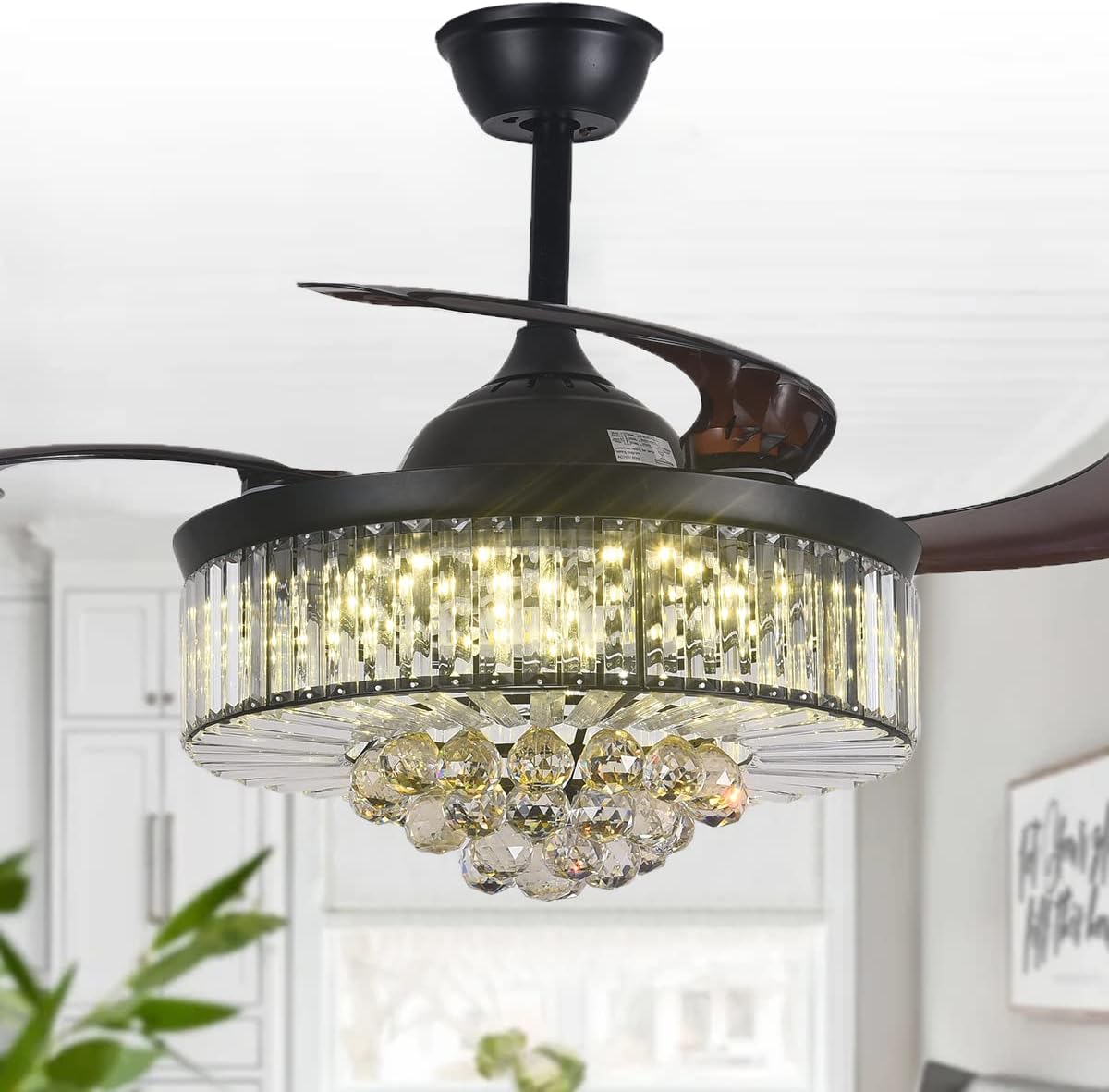 MORE CHANGE BIGBANBAN 42'' Fandelier Ceiling Fan with Light, Retractable Chandelier Fan LED Crystal Ceiling Fan for Bedroom Living Room Dining Room