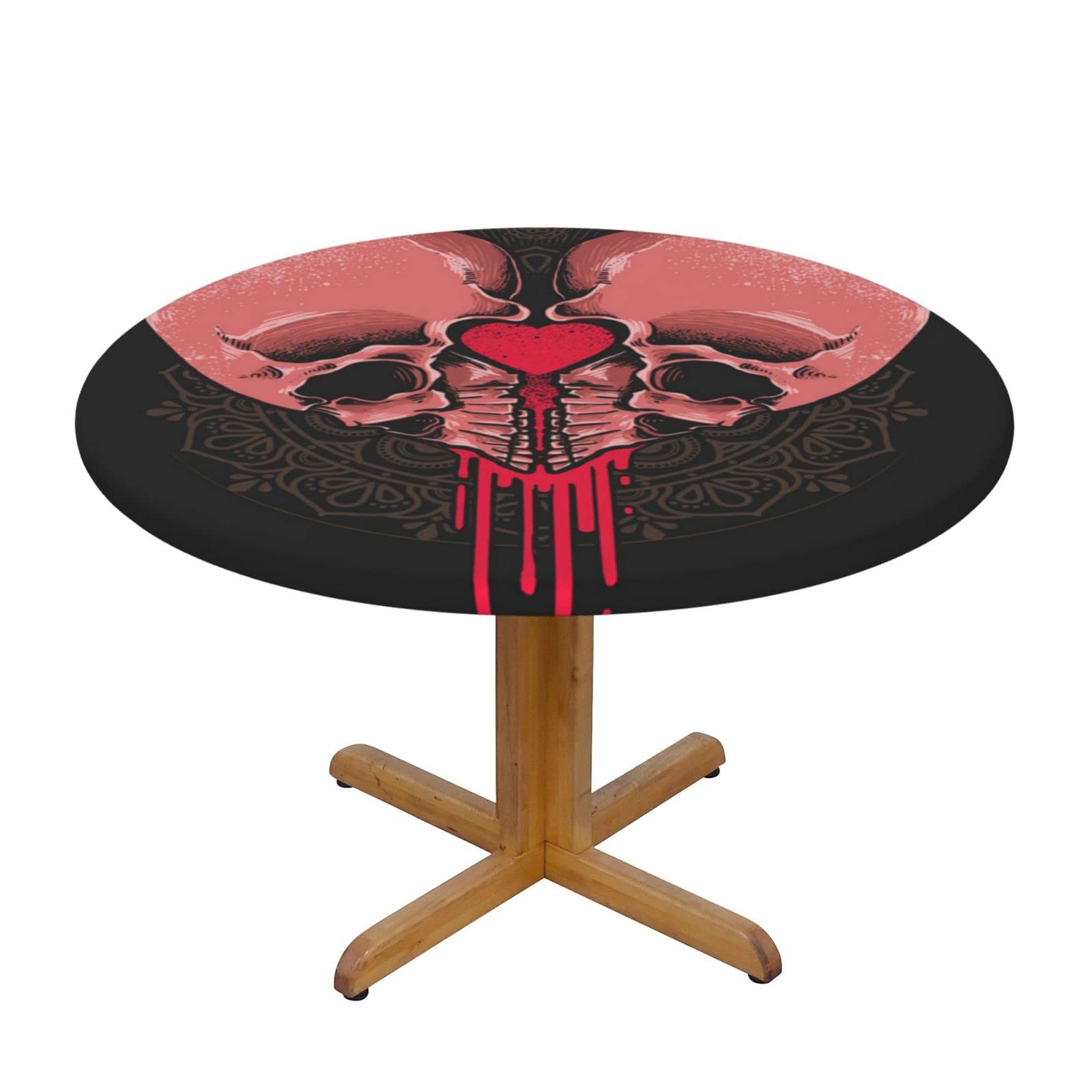 Lsjuee Round Fitted Tablecloth 40-44in Elastic Edged Table Cloth for Kitchen Dining Party Home Decor - Heart Skull Death Black