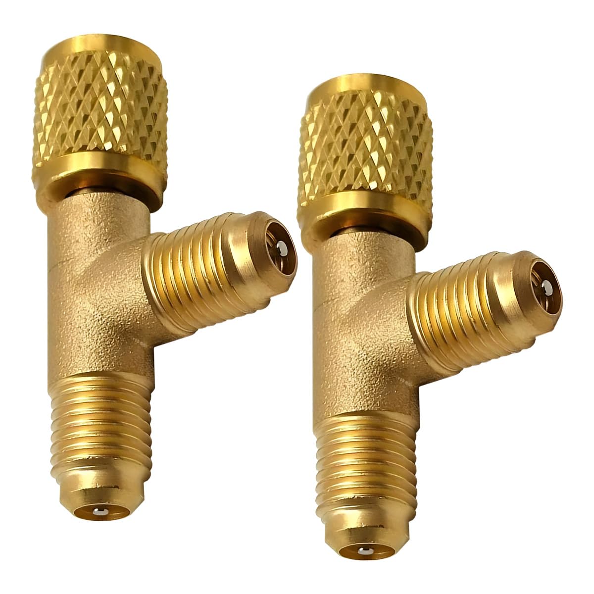 YoRise 2PCS Quick Coupler Access Tee, 1/4'' SAE Air Conditioning Valves Core Tee Adapter with Swivel Connector, Brass HAVC Line Repair Tool for R22 R12 R134 Gauge Deep Vacuum Pump Manifold (Gold)