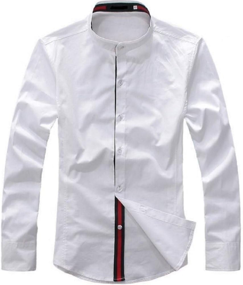 Unchained Warrior Grandad Shirt, Luxury Designer Collarless Mens Smart Casual Long Sleeve Summer Slim Fit Shirts by White and Black and Sizes Small to XXL