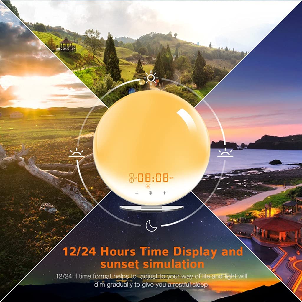 Wake Up Light Sveglia, Simulazione Alba/Tramonto, Radiosveglia Digitale, con Doppi Allarmi, Funzione Snooze, FM Radio