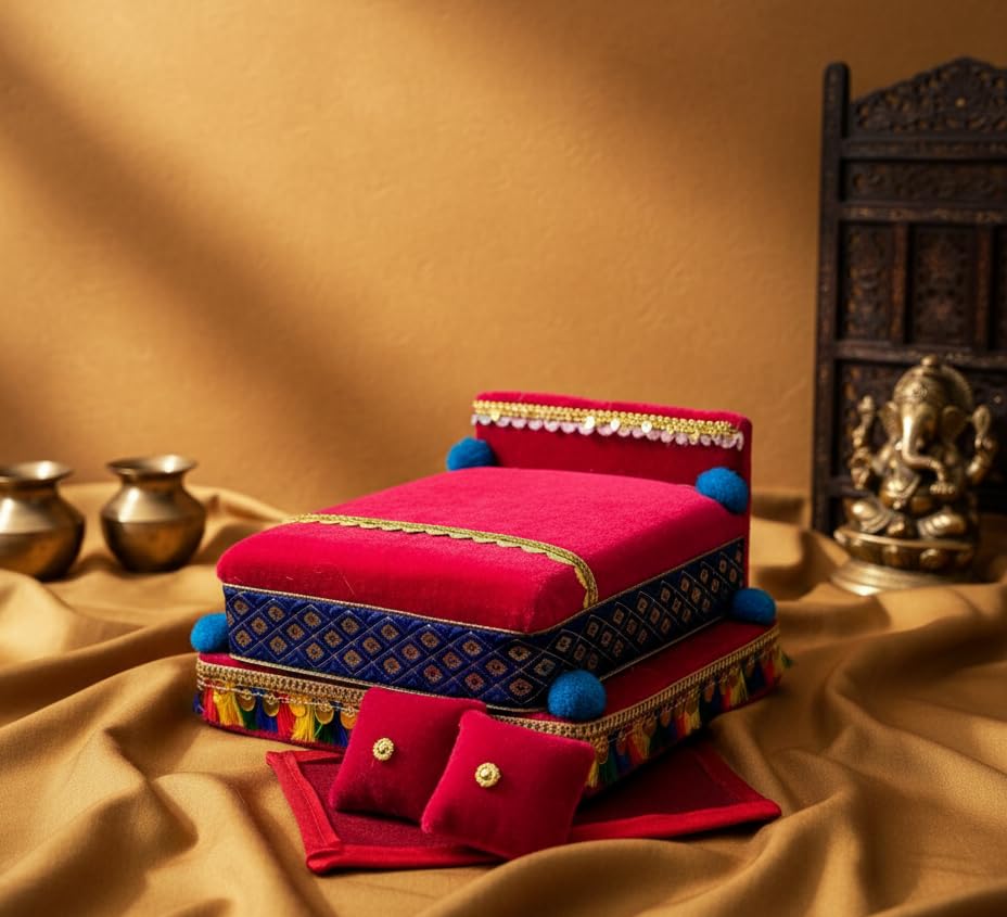 RD Handicraft Thakur ji Bed, Laddu Gopal ji Bed, Bal Gopal ji Bed with Blanket Silk All Purpose Chowki |Rani (17x16x10 cm)