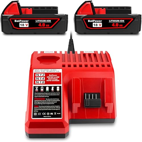BatPower Paquete de 2 baterías compactas de 18 V 4.0 AH 48-11-1820 con kit de cargador de repuesto para batería y cargador Milwaukee 18V M18