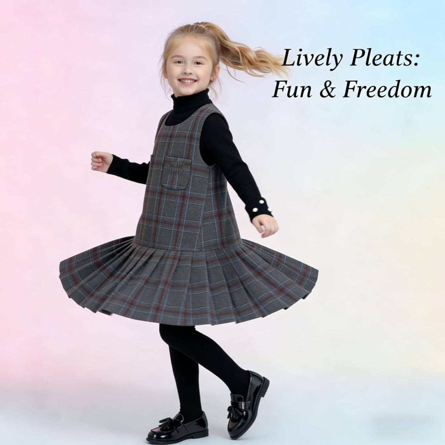 Girls Classic Plaid Sleeveless Soft Flannel Jumper Dress, Pleated Hem with Front Pocket, Cozy Layering for Autumn Winter