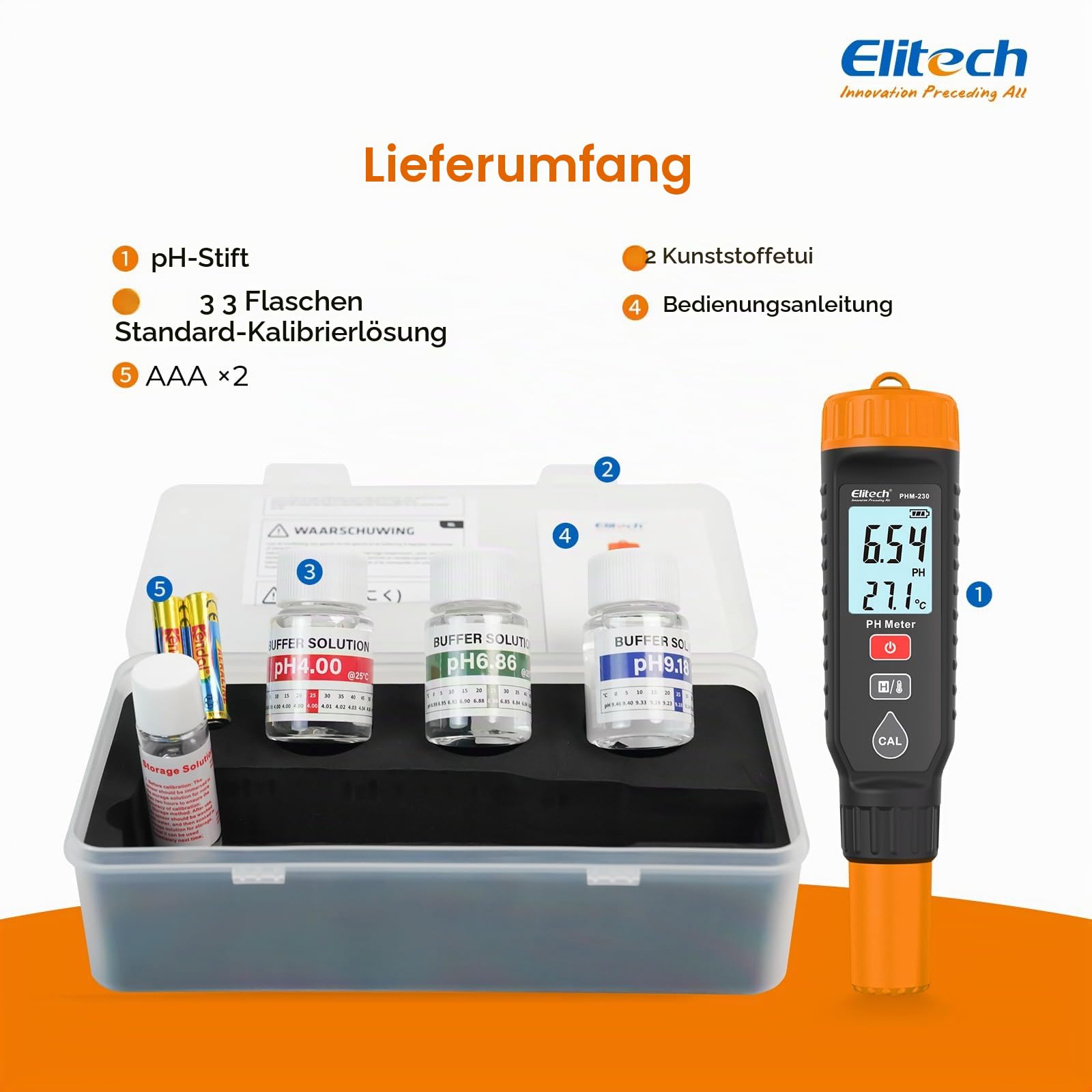 Elitech pH Messgerät mit Temperaturanzeige 0–14 pH ±0.05 Genauigkeit,pH Tester automatische Kalibrierung Hintergrundbeleuchtung mit Farbwarnung