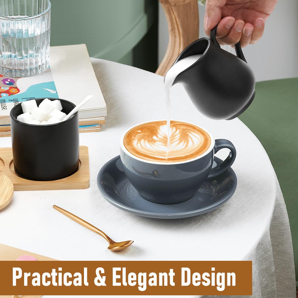 Yuragim Milch und Zucker Set mit Deckel und Löffel, 5-teilig Keramik Milchkännchen und Zuckerdose mit Holz Tablet,Milch- & Zuckerbehälter für Küche Kaffee Mikrowellen- und Spülmaschinenfest (Schwarz)