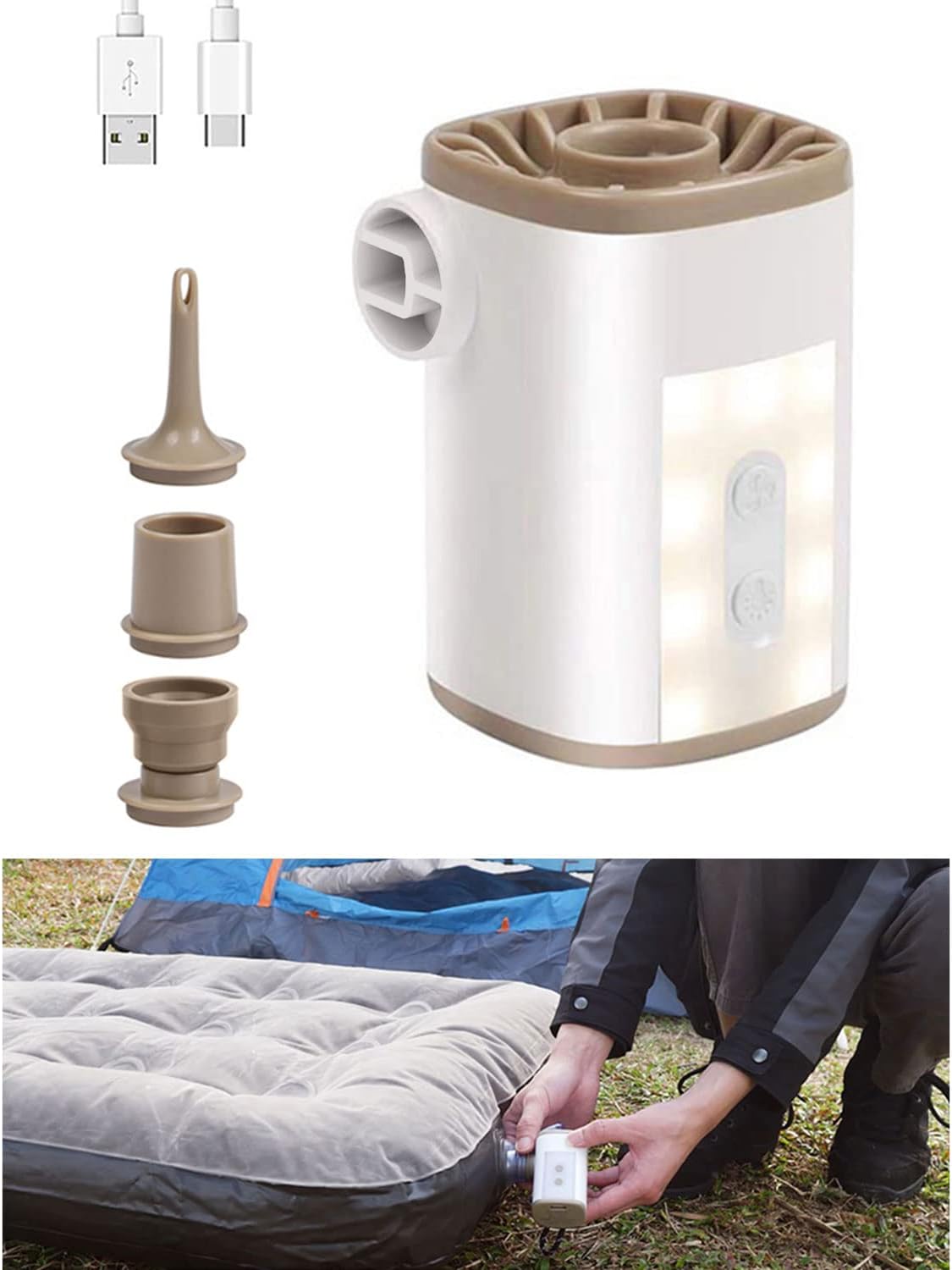 Portable Electric Air Pump with Light 3600mAh USB Rechargeable Mini Air Pump with 4 Nozzles for Pool Floats Air Bed Air Mattress Swimming Ring Vacuum Storage Bags