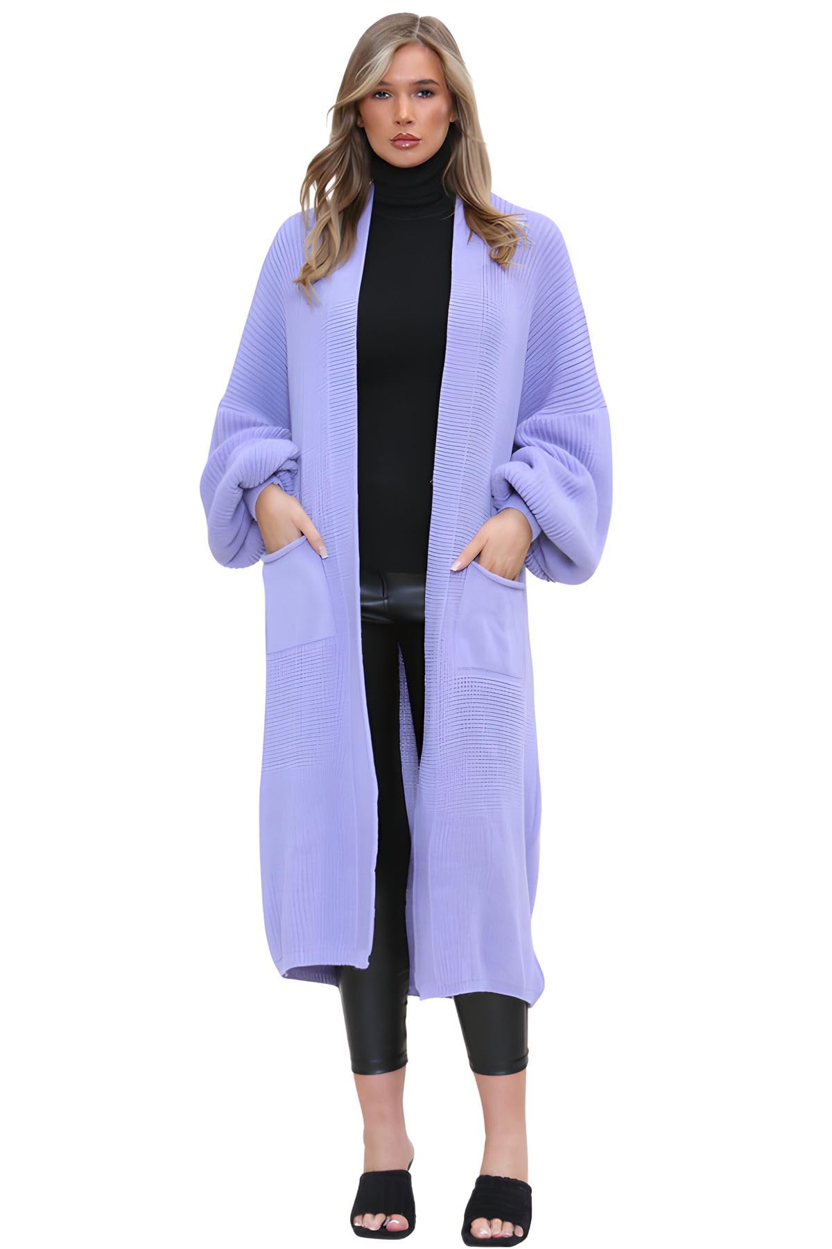 Hamishkane® Womens Chunky Knitted Cardigan, Open Front Balloon Sleeve Long Cardigans for Women UK, Winter Maxi Coatigan with Pockets, Warm Oversized Fall Sweater Lilac