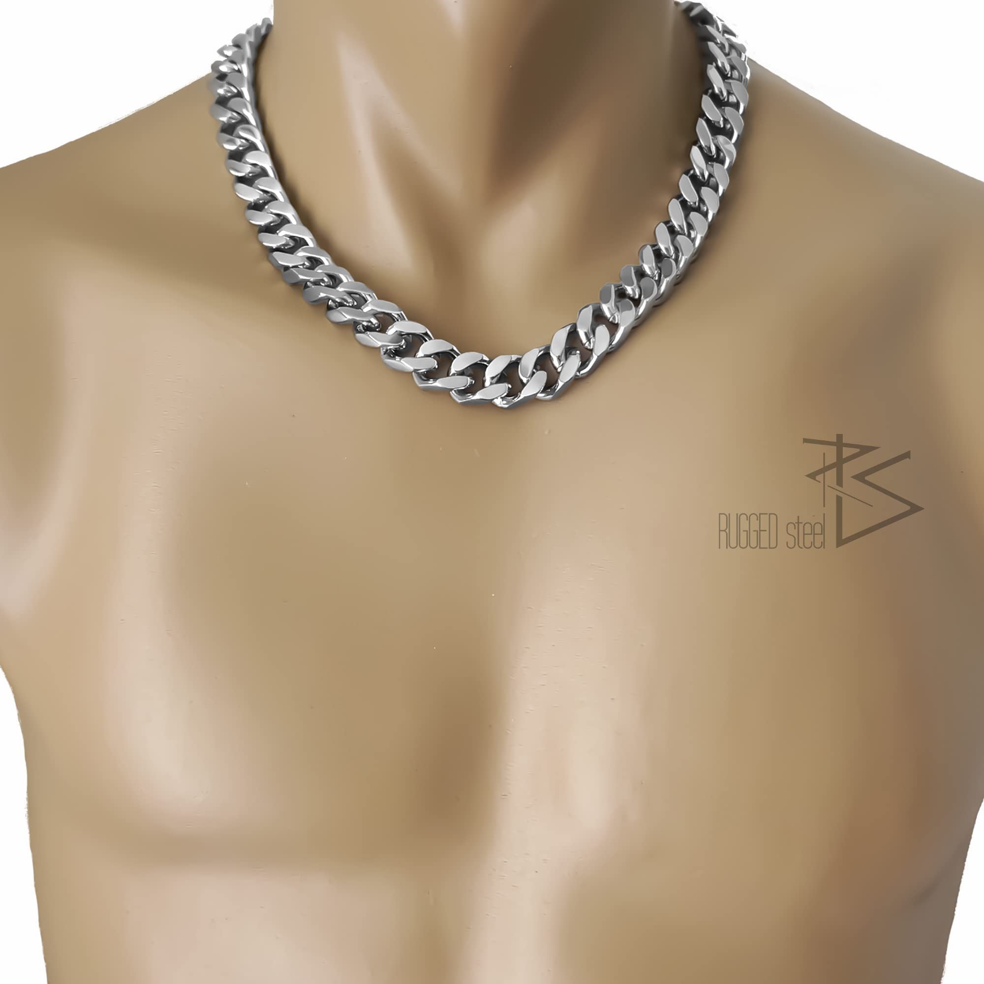 catena a maglia da uomo in acciaio inox, color argento, larghezza di 1,5 cm (165-275 g) massiccia