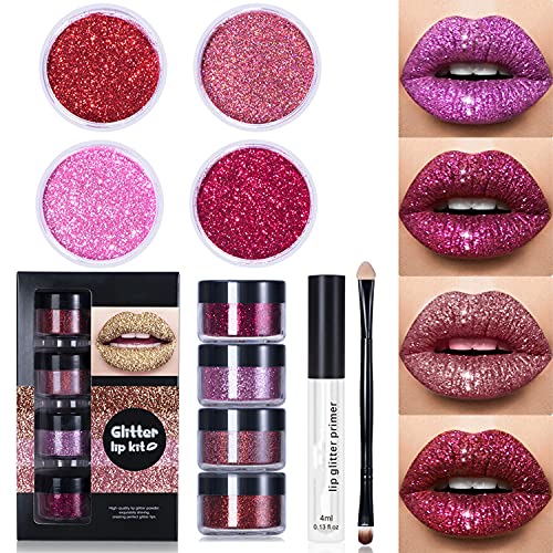 MAEPEOR Glitter Lips 4 Colors Diamond Metallic Lip Powder Smudgeproof and Longlasting Lip Gloss with Lip Primer and Brush (Pink Red, Set A)