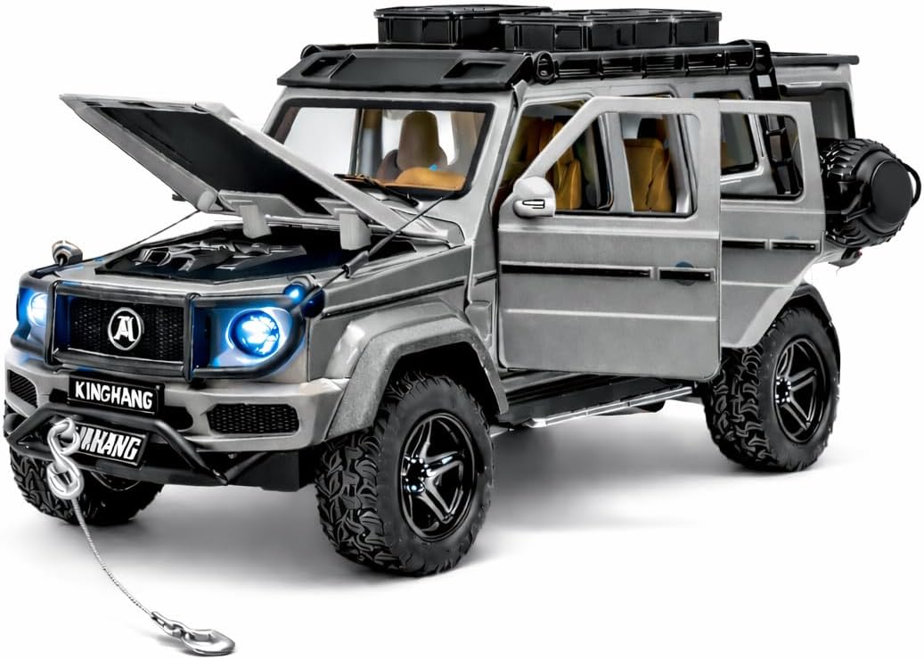 TEC TAVAKKAL Diecast Metal Toy Car with 4 Openable Doors, Bonnet & Trunk Headlights & Back Engine & Racing Sound Effects Tow Cable with Hook Roof Carrier & Ladder Adventure Car for Kids (Silver)