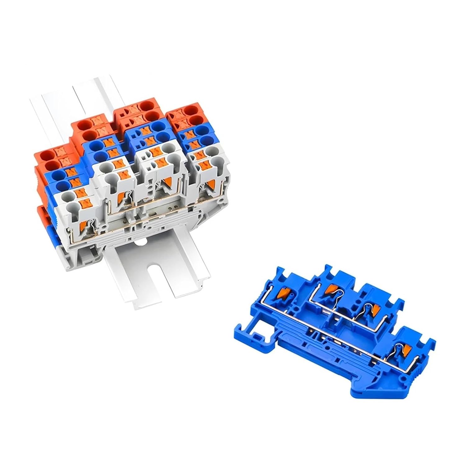PTTB-2.5 DIN Rail Terminal Block 10Pcs 4 Colors Double Layer Spring Clamp 24A 500V AWG26-16 PE Conductor(Orange)
