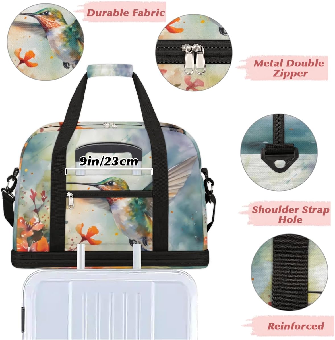 QsirBC Hummingbird Theme Gym Bag for Women Duffle Tote with Shoes Compartment Men Weekender Duffel for Dance Travel Sports Swimming Overnight