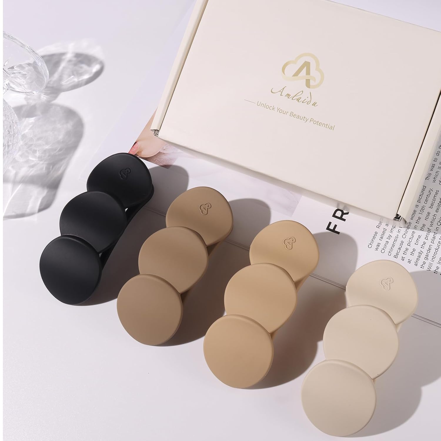 Medium Flat Hair Clips for Women, French Claw Clips for Thick Thin Hair, Lay Down Hair Clips for Styling, Duckbill Side Hairclips for Driving Yoga - Beige, Light Khaki, Dark Khaki, Black, 4pcs - Image 9