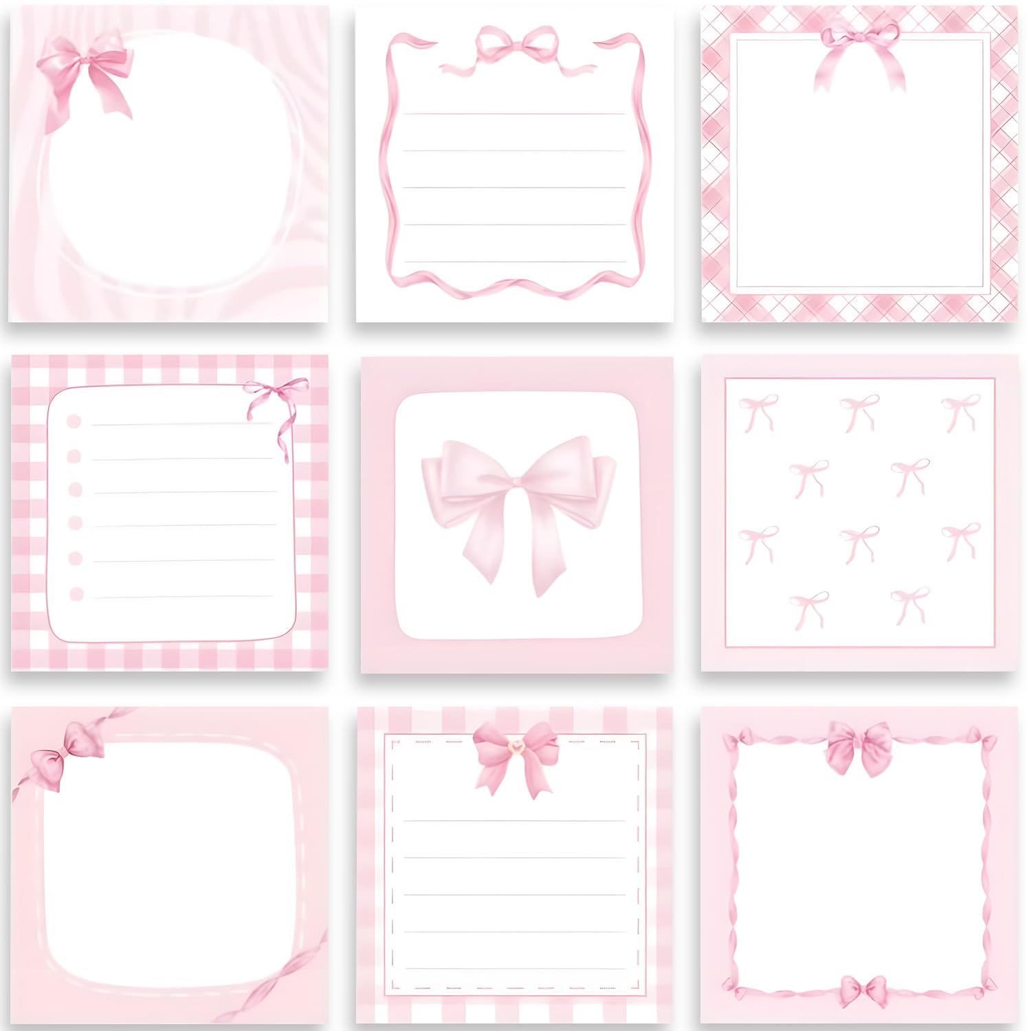 Pink Bow Sticky Notes 9 Pack 450 Sheets Cute Bow Pink Sticky Notes 3x3 Inch Self-Adhesive Cute Notes Pads for School Office Supplies Girly Stationery Supplies