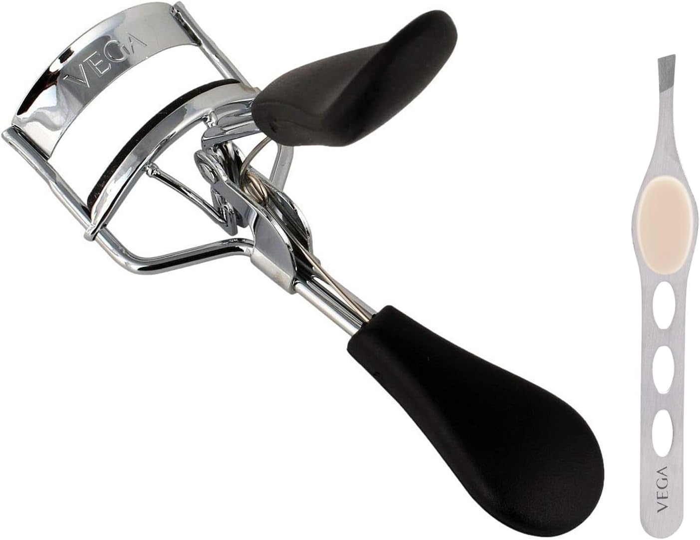 VEGA Premium Eye Lash Curler (EC-02), Black, 48 g & VEGA Tweezer - Rubber Grip (TW-04), Silver, 19 g