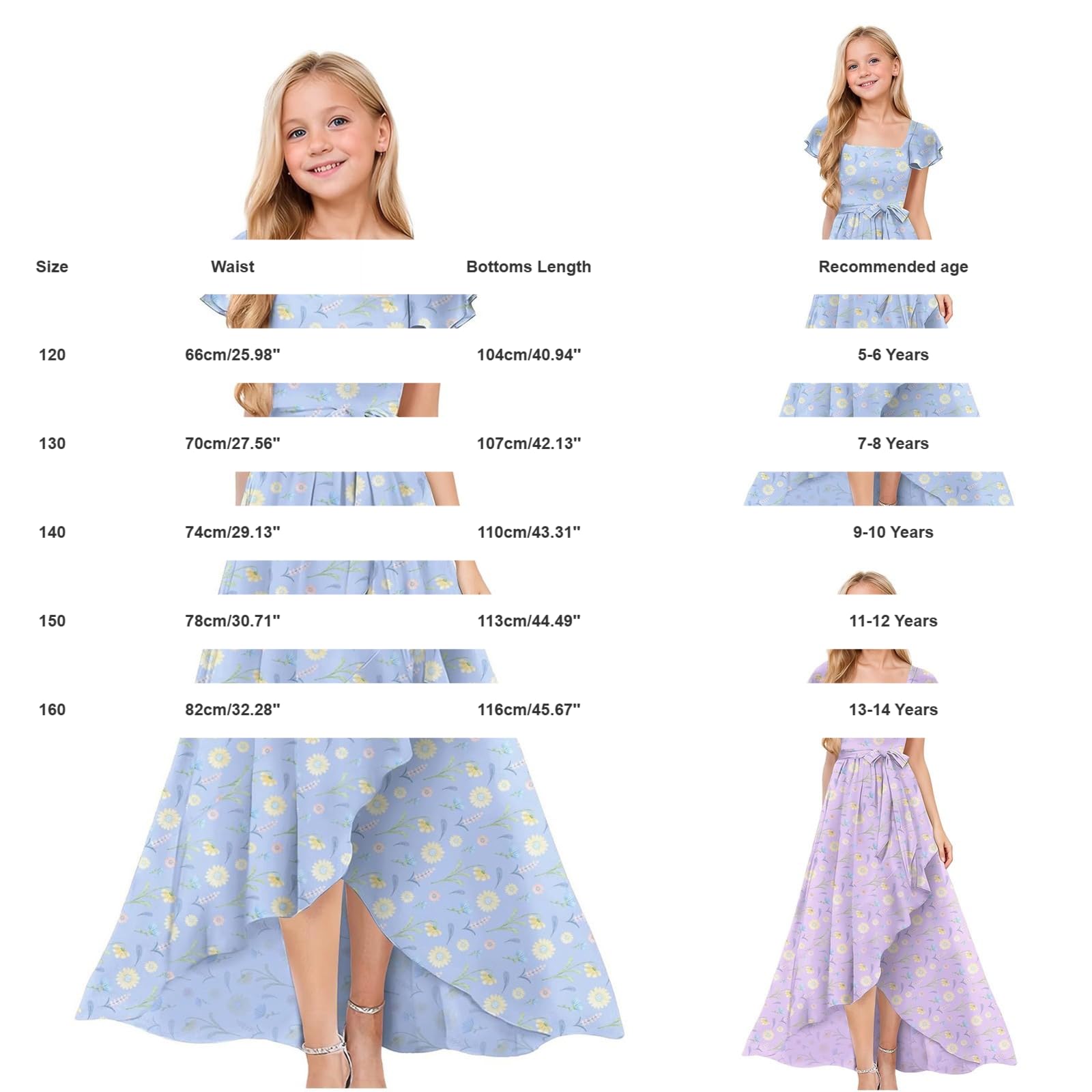 Vestito da ragazza con scollo quadrato alto e basso floreale