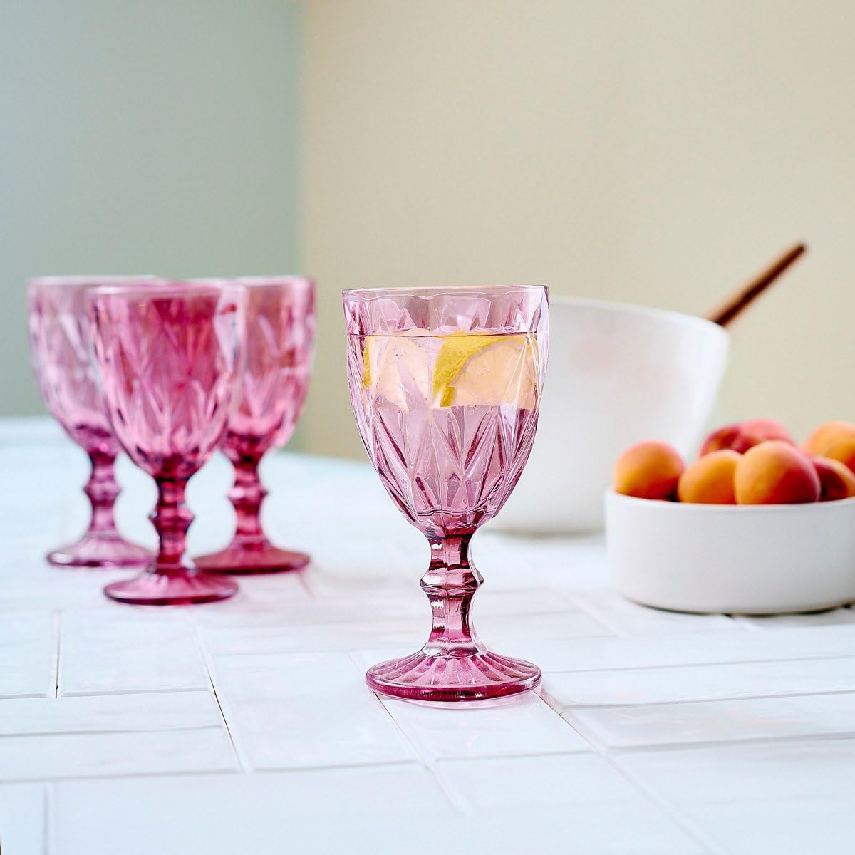 Lot De 4 Verres à Whisky HOMLA Lunna 0,29L - Verre Rose à Motifs Diamant - Rétro