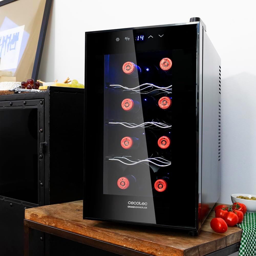 Angled view of the Cecotec Grand Sommelier 800 wine cooler, showcasing its side ventilation and digital display.