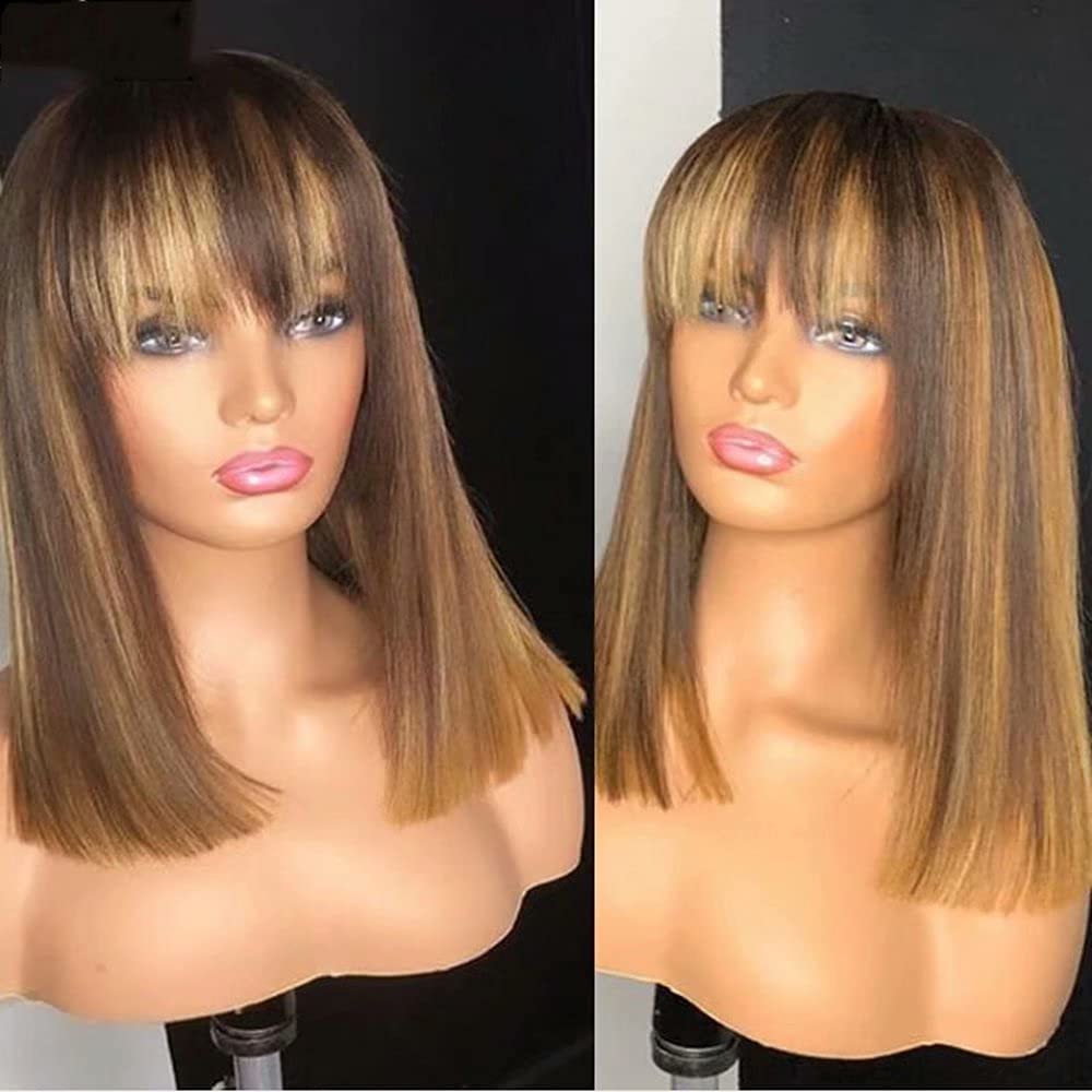 Straight Ombre 4t27 Honey Blonde Colored Human Hair Wig With Bangs HD Lace Frontal Wig Straight 13x6 Lace Front Wigs 150 Density Mix Color Short Bob Straight Hair For Women 8"