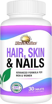 Rise-N-Shine Hair, Skin & Nails Daily Supplement with Biotin, Collagen & Essential Vitamins Support for Clear Skin, Long Nails & Thick Hair - 30 Day Supply