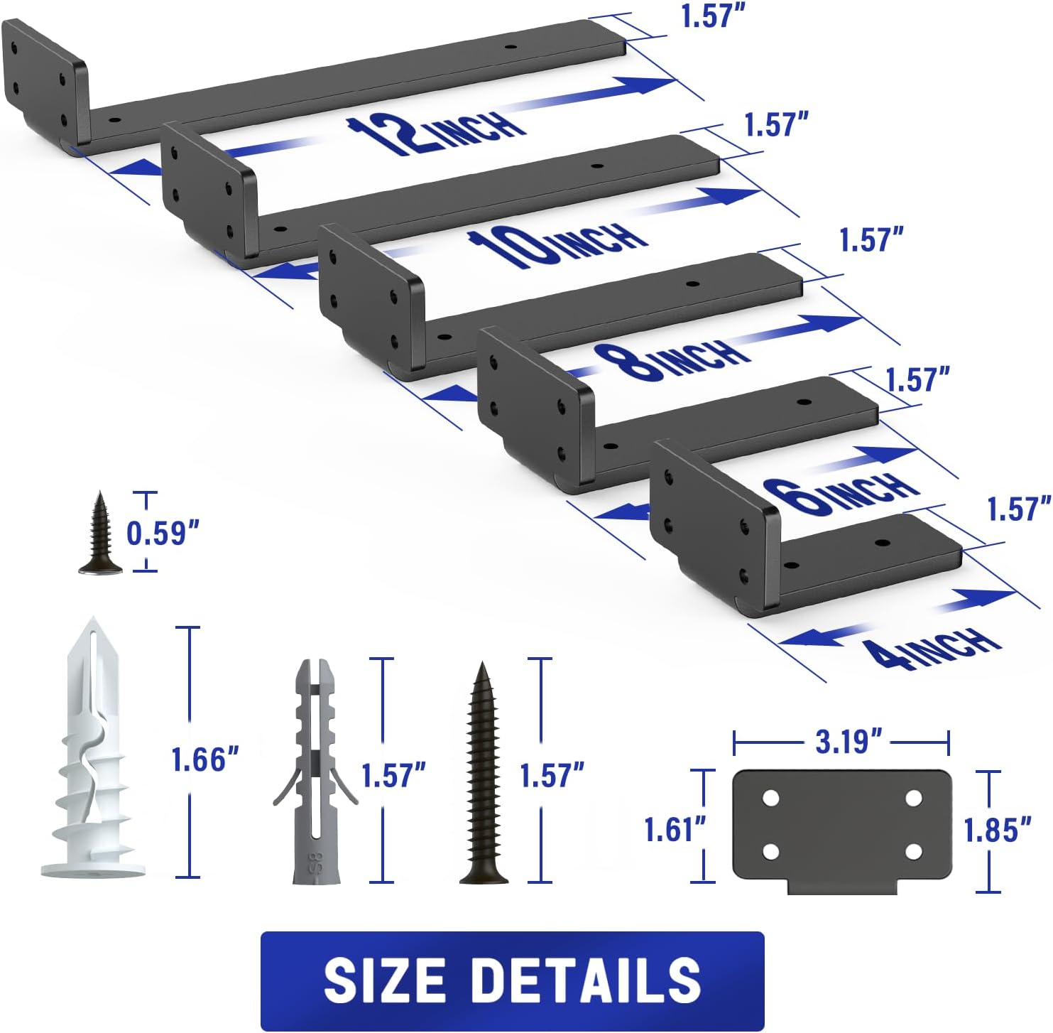 Goovilla Shelf Bracket, Heavy Duty Floating Shelf Brackets 8 inch Long, 4 Pack Brackets for Shelves, Black Coated Metal Wall Shelf Support Brackets with 1/5 Inch Thick and 160 lb. Load Capacity