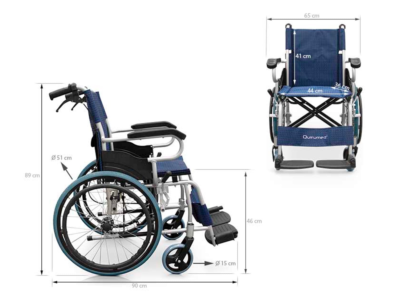 QUIRUMED Silla de ruedas ligera plegable de aluminio, Asiento 44 cm, Reposapiés abatibles, Ruedas macizas, Frenos de mano y en manetas, Para mayores, Para minusválidos