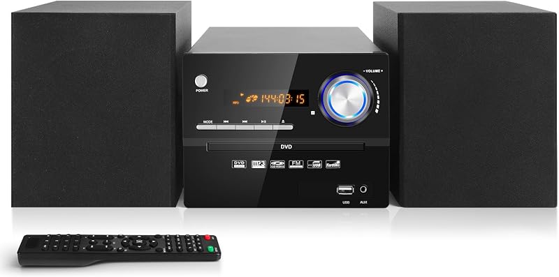 JOVELL kompakt hifi sztereó rendszer 3 részes hangfalakkal, CD DVD lejátszó, Bluetooth 30 W, FM rádió, USB AUX mikrofon RCA kimenet