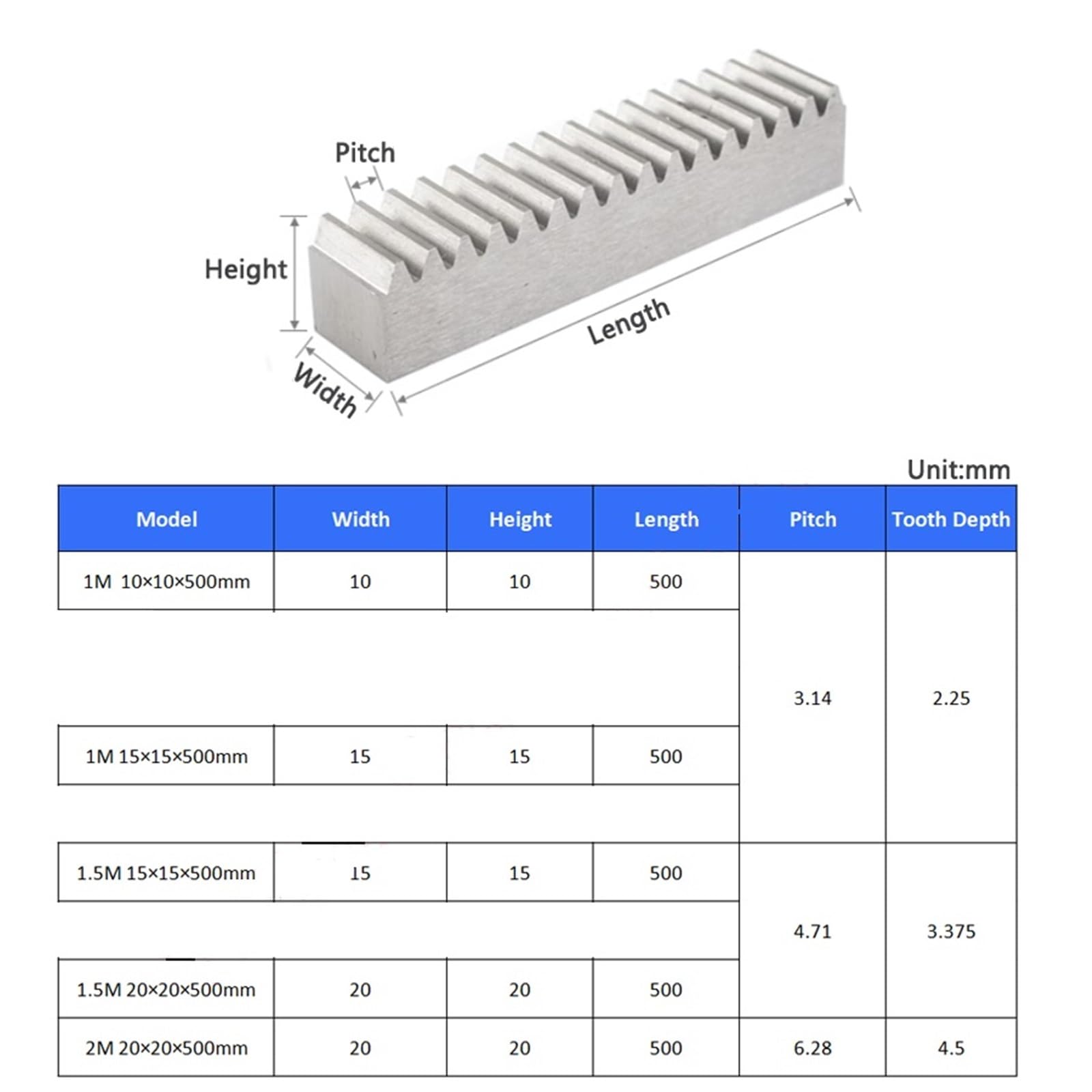 1pcs 0.5Meters 1Mod 1.5Mod 2Mod Gear Rack 1M 1.5M 2M Straight Teeth Drive Rack 10x10 15x15 20x20 Steel(1M 10x10x500mm)