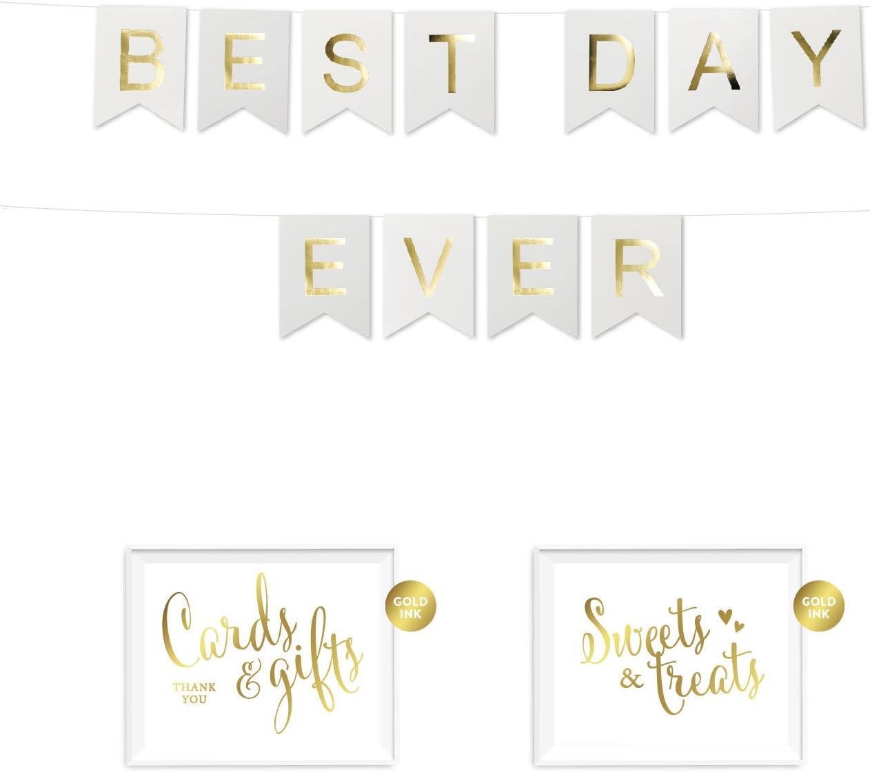 Andaz Press Shiny Gold Foil Paper Pennant Hanging Wedding Bridal Shower Banner with Gold Party Signs, Best Day Ever, White, Pre-Strung, No Assembly Required, 1-Set