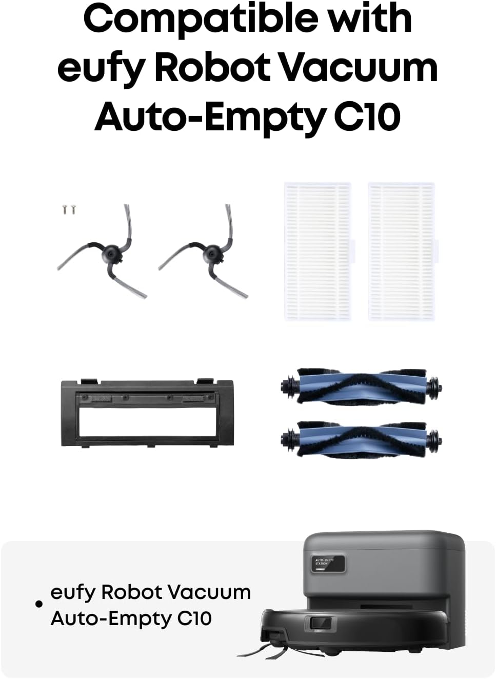 eufy RoboVac Replacement Accessories Kit (2 Side Brushes + 2 Filter Sets + Rolling Brush + Brush Guard) Compatible Self-Empty C10.