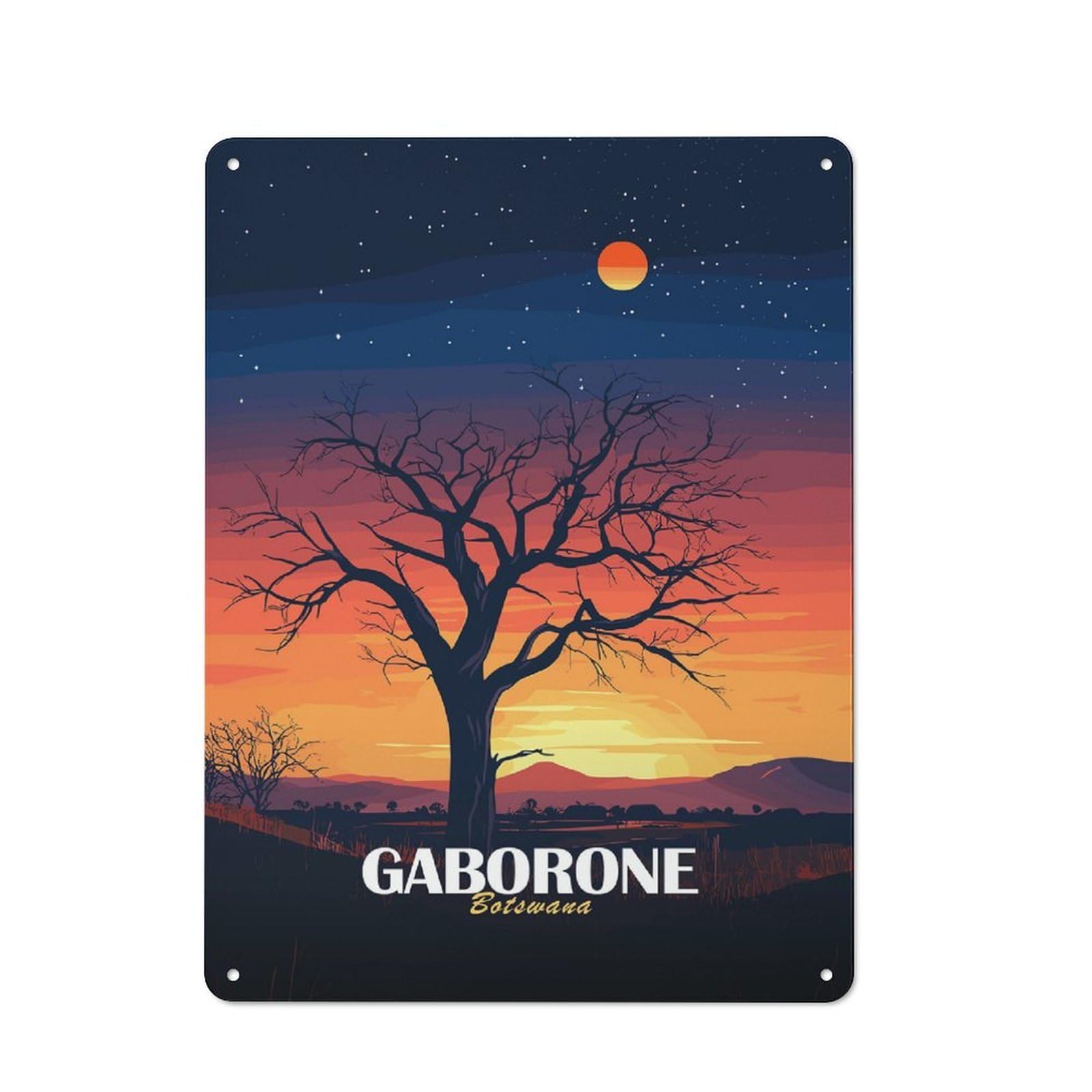 Junmoney Style Gaborone Botswana Sunset Landscape Art Rustic Metal Wall Sign 40X30cm For Workshop Wall, Suited To Makers And Diy Enthusiasts