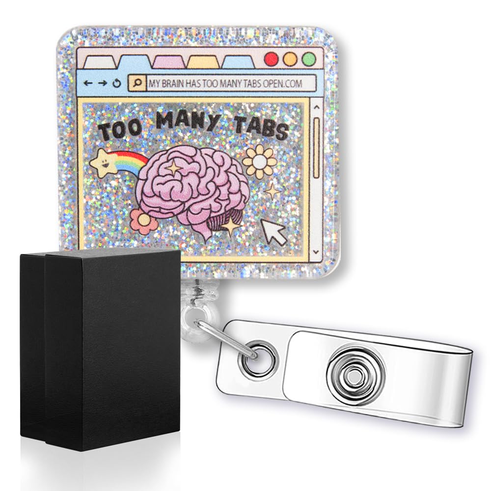 rofiowa Too Many Tabs Cute Glitter Brain Badge Reel, Retractable Badge Holder for ADHD Neurodivergent Autism Nurse Doctor Teacher, Mental Health Gift