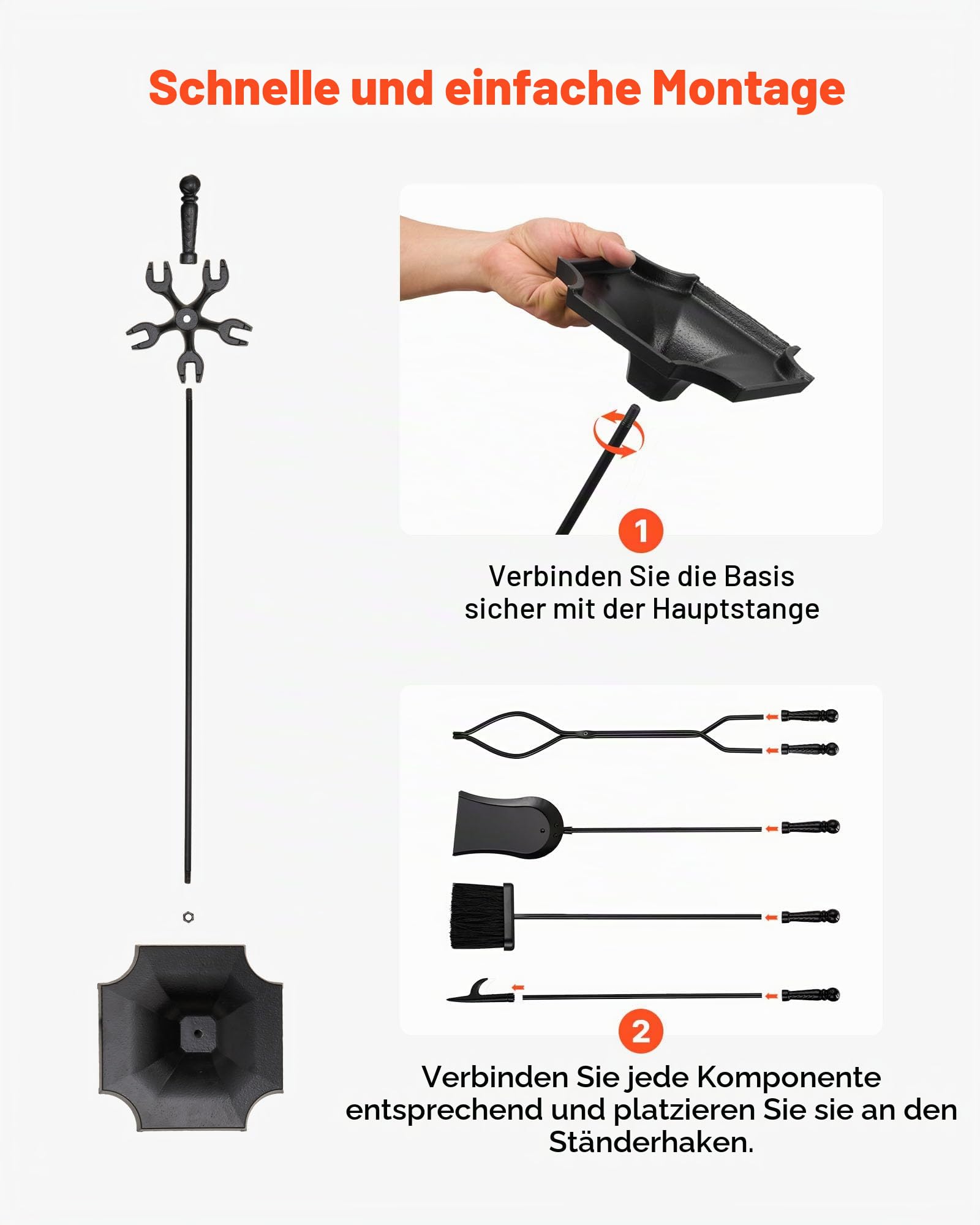 VEVOR Kaminbesteck-Set, 5-tlg. Ofenbesteck-Set, fünfzackiger Ständer, Zange, Ascheschaufel, Bürste, Schürhaken, Kaminzubehör aus Schmiedeeisen für Lagerfeuer drinnen/draußen, Schwarz