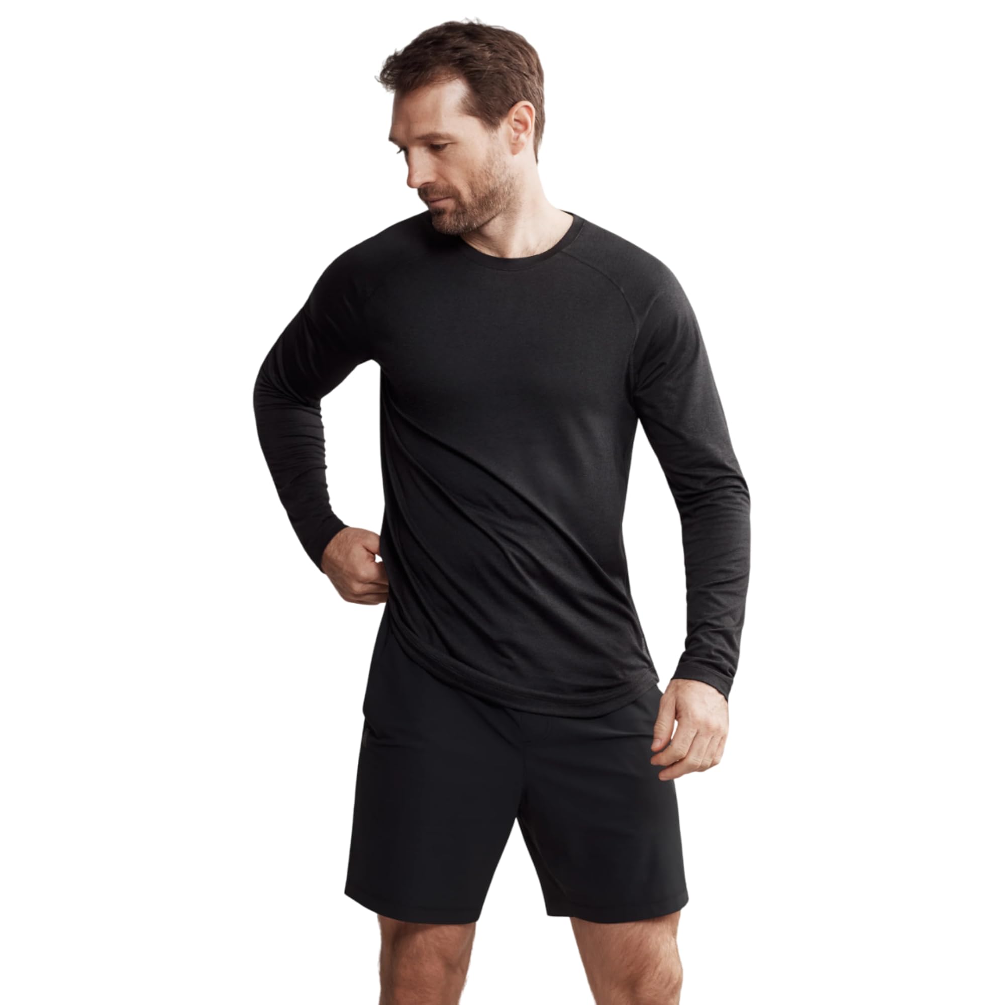 Rhone Atmosphere Long Sleeve Tee - Ultra-Soft Everyday Mens Shirts, Lightweight, Moisture-Wicking, Anti-Odor (True Black Heather, Large)