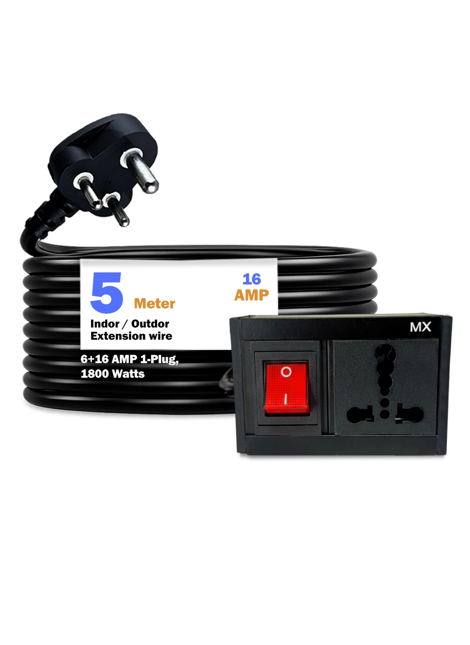 MX 3 pin Extension Cord Single Socket Heavy Duty Long Extension Power Cord 5 Meter 1800W 6a to 16a Converter Plug Master Switch (0.75 Sq.mm ISI Marked) Safety Shutter 6 amp to 16 amp Extension Board-image-28